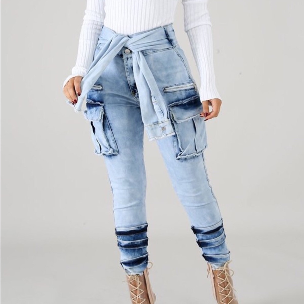 Tie Waist Cargo Jeans
